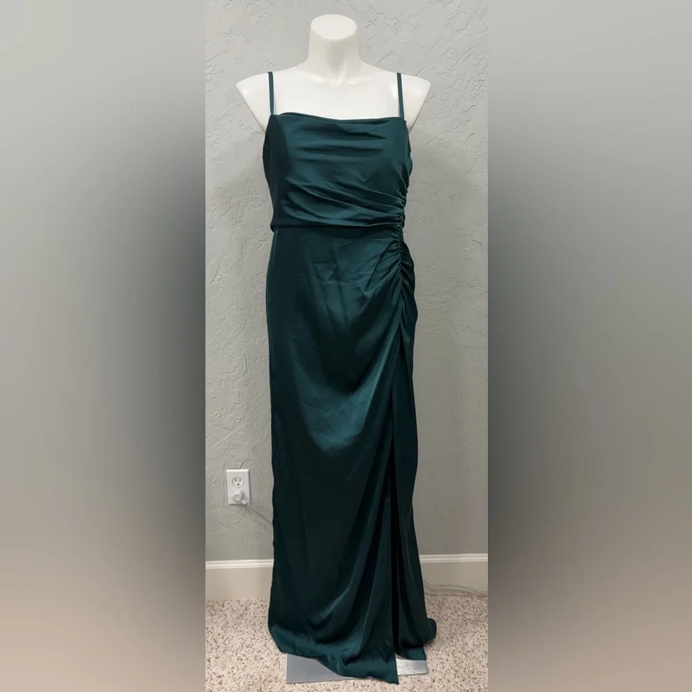 Azazie x Kendall + Kylie Satin Bridesmaid Dress Emerald Green A16 | Formal Maxi - Picture 1 of 3